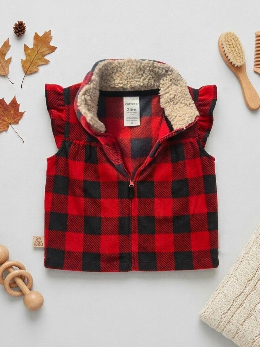 Carter's Toddler Girls Red Buffalo Plaid Fleece Vest – Size 24 Months